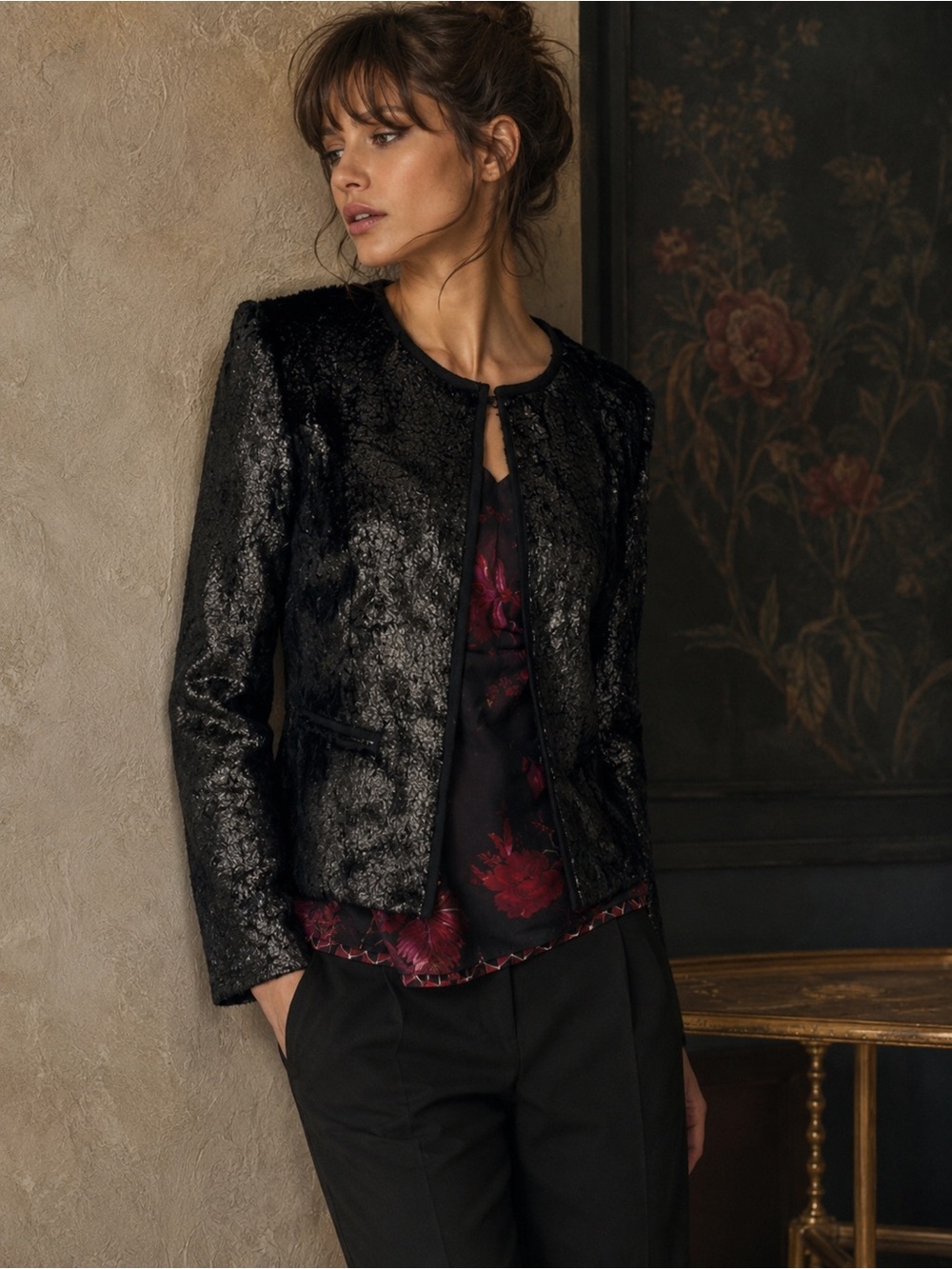 Anthropologie Elevenses Metallic Black Faux Fur Cropped Jacket Size Small